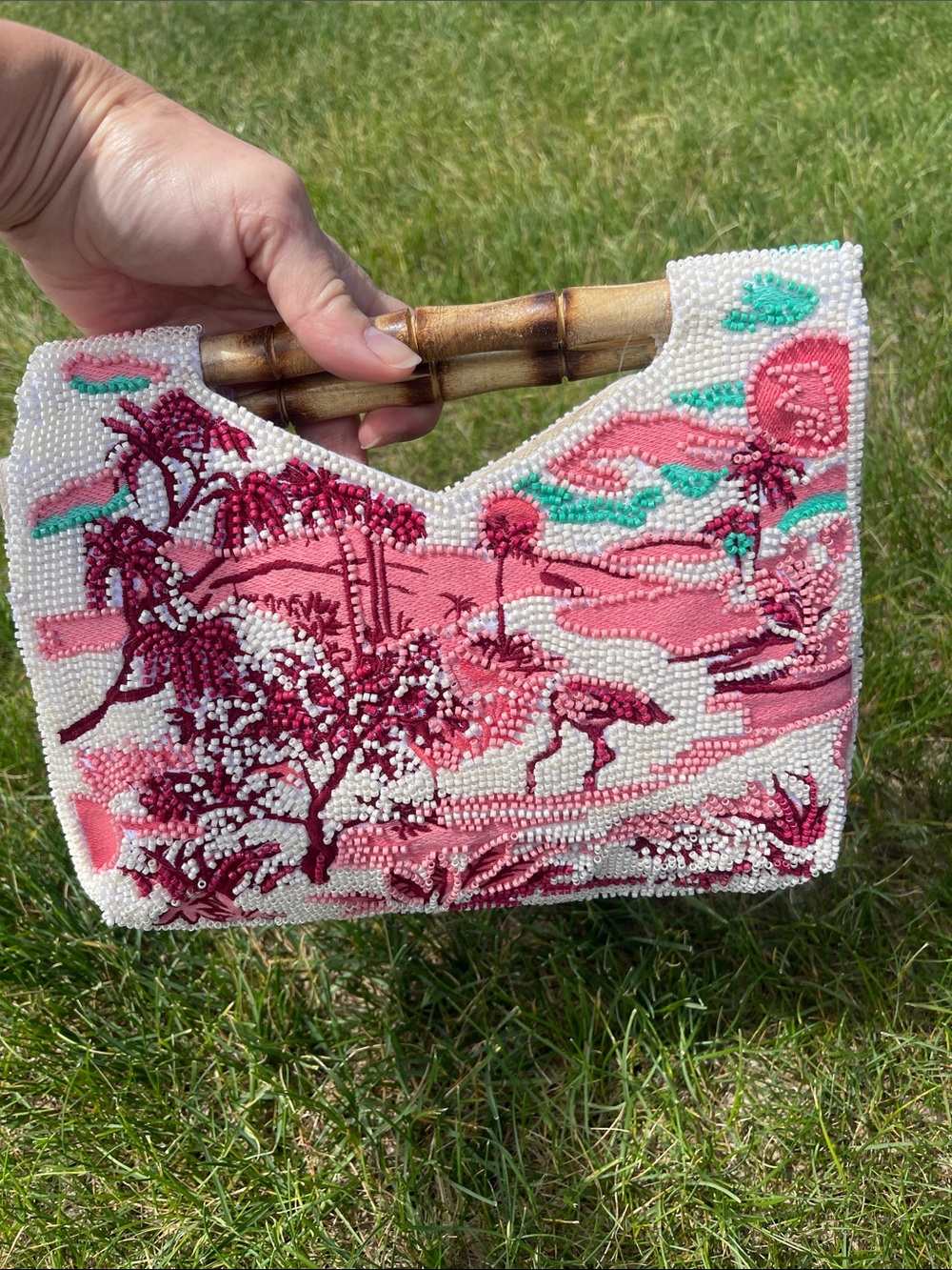 Viral Beaded Pink Flamingo Clutch with Bamboo Handle TJmaxx TikTok trend